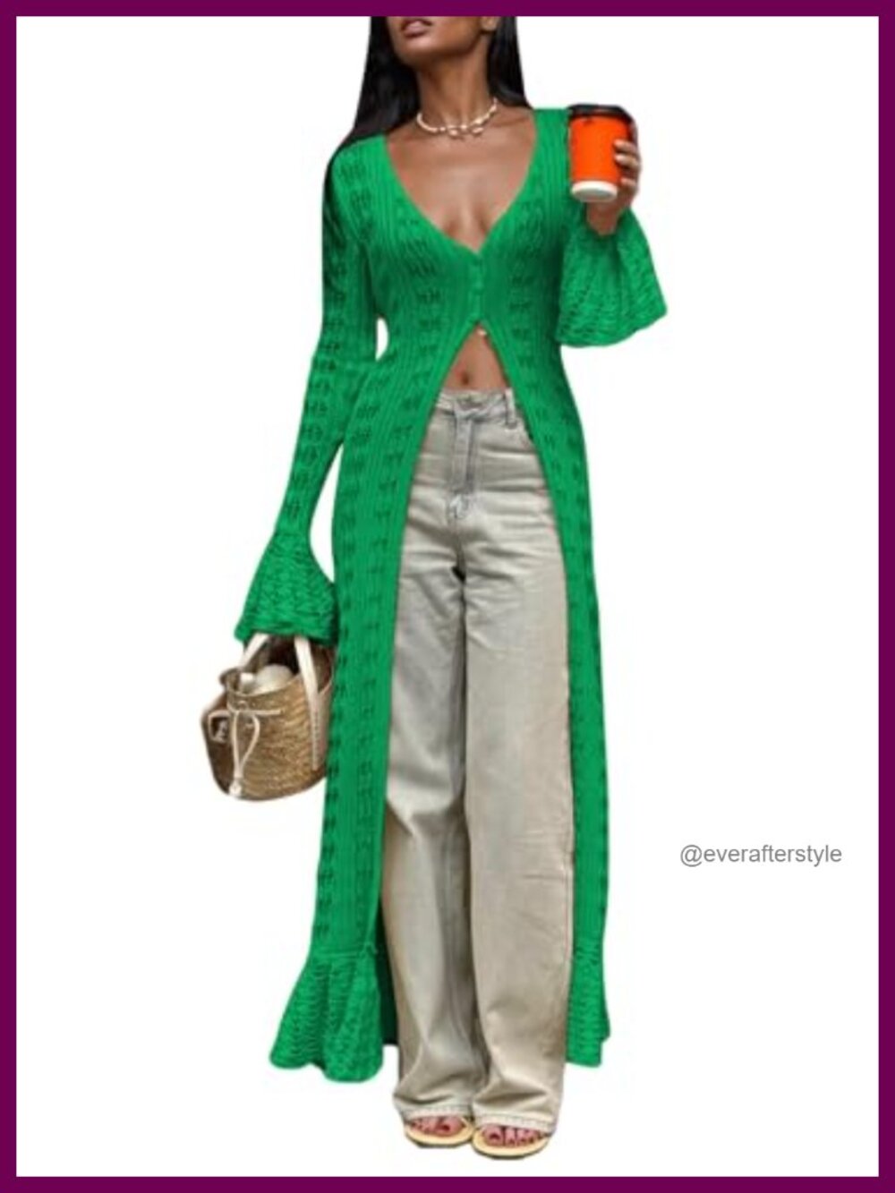 Crochet Hollow Out Knit Maxi Cardigan Button Down Long Sleeve Boho Cover Up